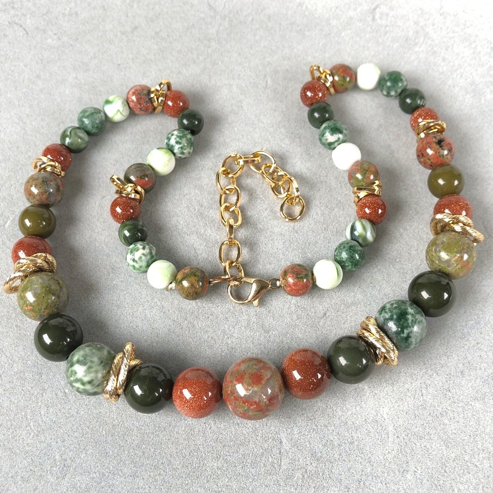 Natural Stone Beads Jewelry Set Unakite Green Jasper Goldstone Gold Tone Spacers - Picture 2 of 11